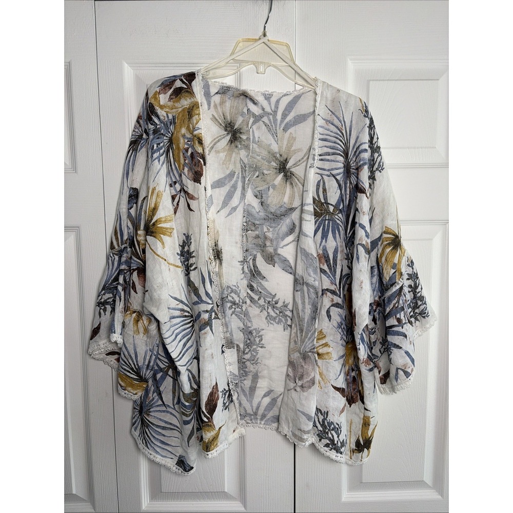 Francesca Bettini Floral Linen Kimono Womens‎ OS White Tan Lace Made in Italy